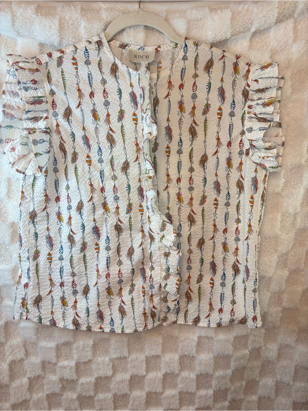 Koch off White Feather/Fishing Print Flutter Sleeves Women’s Top size XS